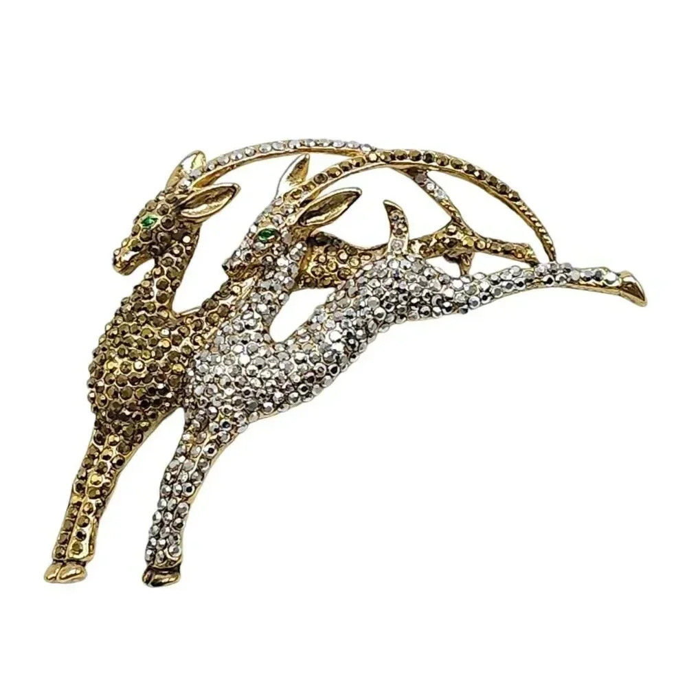 Gold Silver Rhinestone Prancing Deer Brooch Pin Gold Tone Vintage